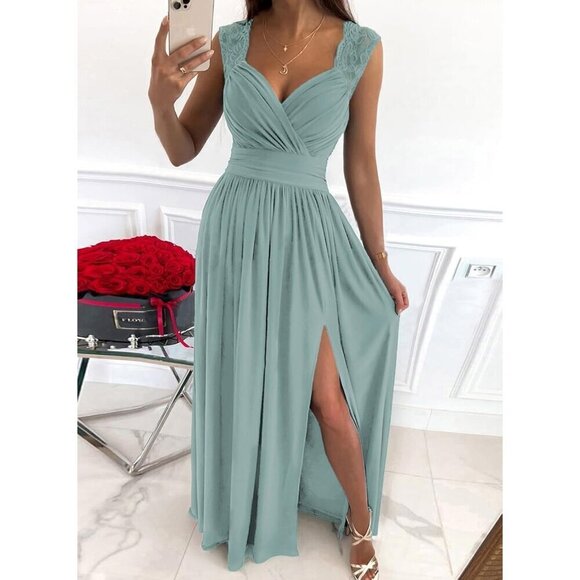 Women's Formal Dresses Green Wrap V-Neck Maxi Dresses - Picture 3 of 7